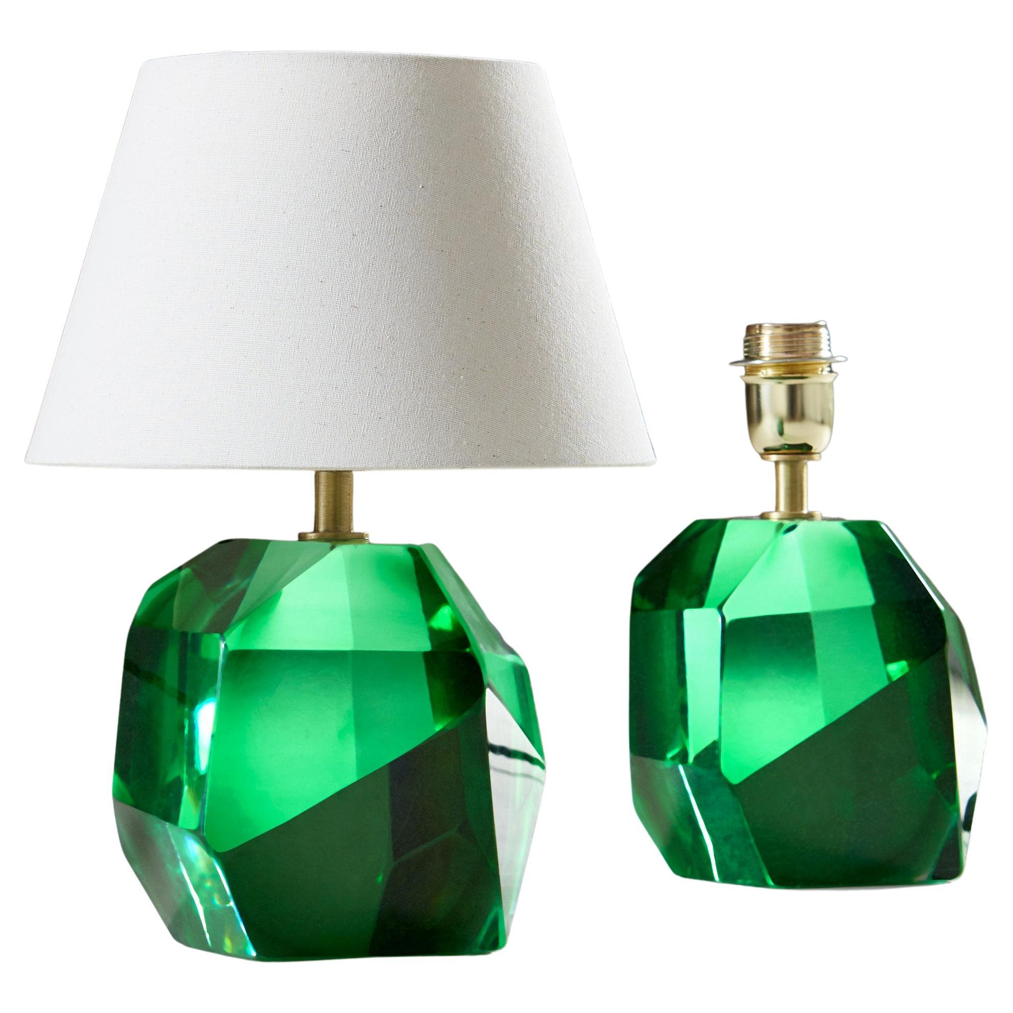 Pair of Italian Murano Emerald 'Rock' Table Lamps For Sale