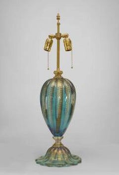 Pair of Italian Murano "FENICIO" Gold Dusted and Swirl Aqua Glass Table Lamps