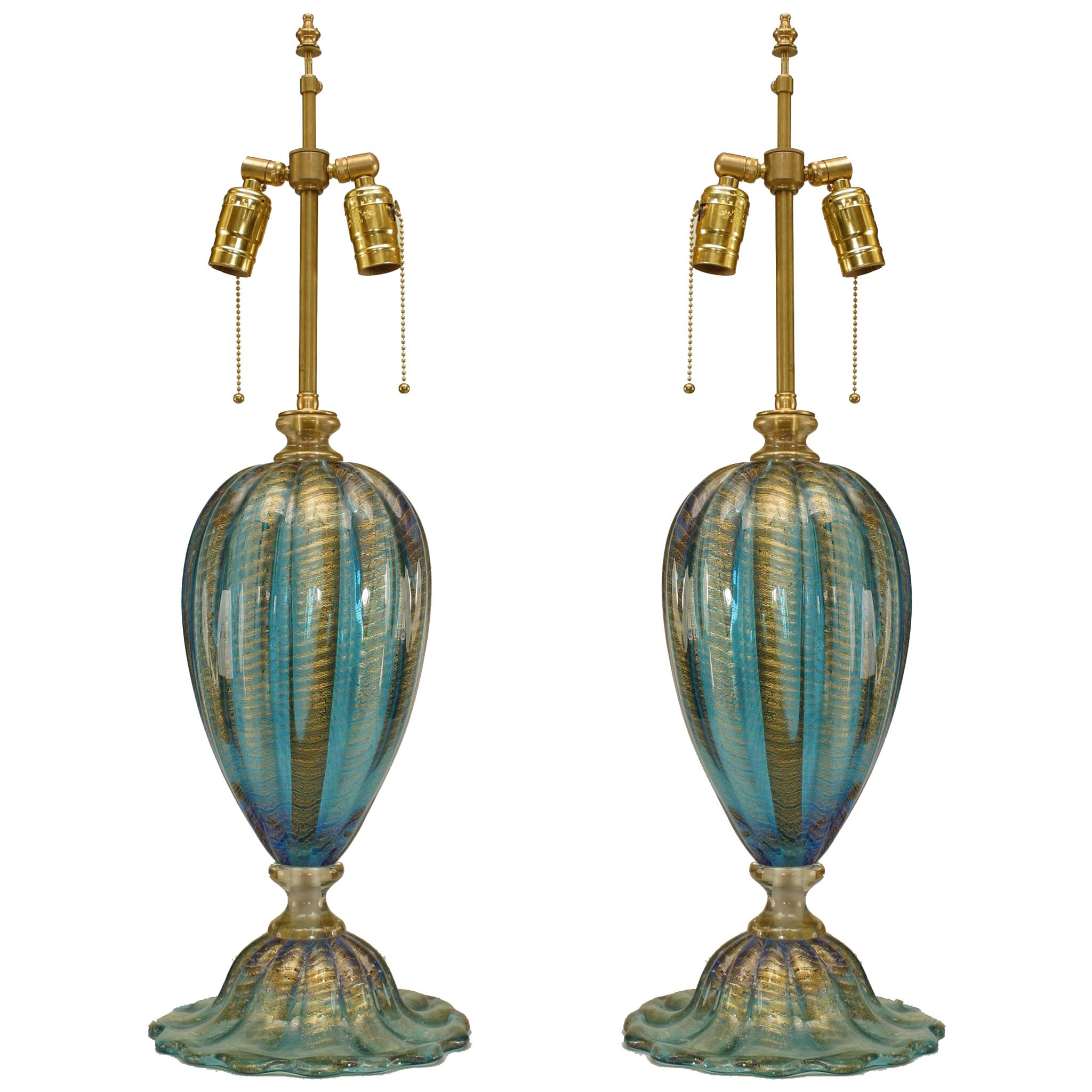 Pair of Italian Murano "FENICIO" Gold Dusted and Swirl Aqua Colored Glass Lamps