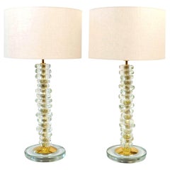 Paire de lampes italiennes en verre de Murano et en laiton de type "galet"