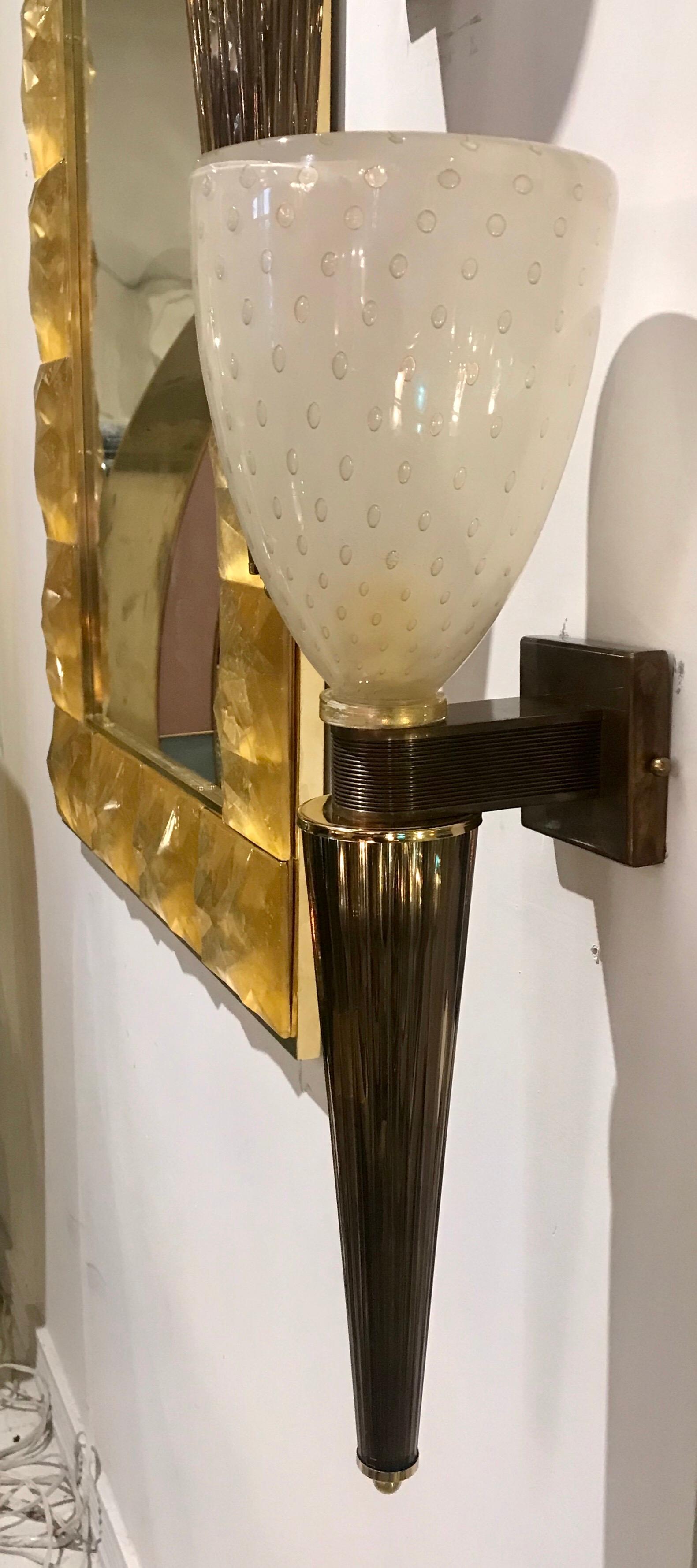 Pair of Italian Murano Glass and Brass Sconces, Barovier&Toso, Italy In Good Condition In Miami, FL