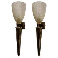 Pair of Italian Murano Glass and Brass Sconces, Barovier&Toso, Italy