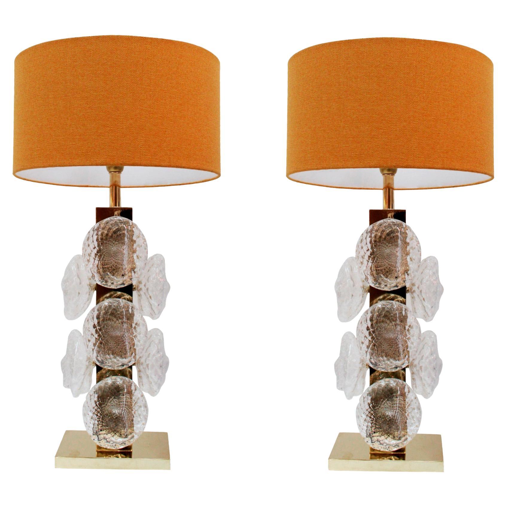 Paar italienische Tischlampen aus Murano-Glas und Messing, Italien im Angebot