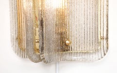 Pair of Italian Murano Glass and Brass Vertical Sconces with Clear Ribbed Glass