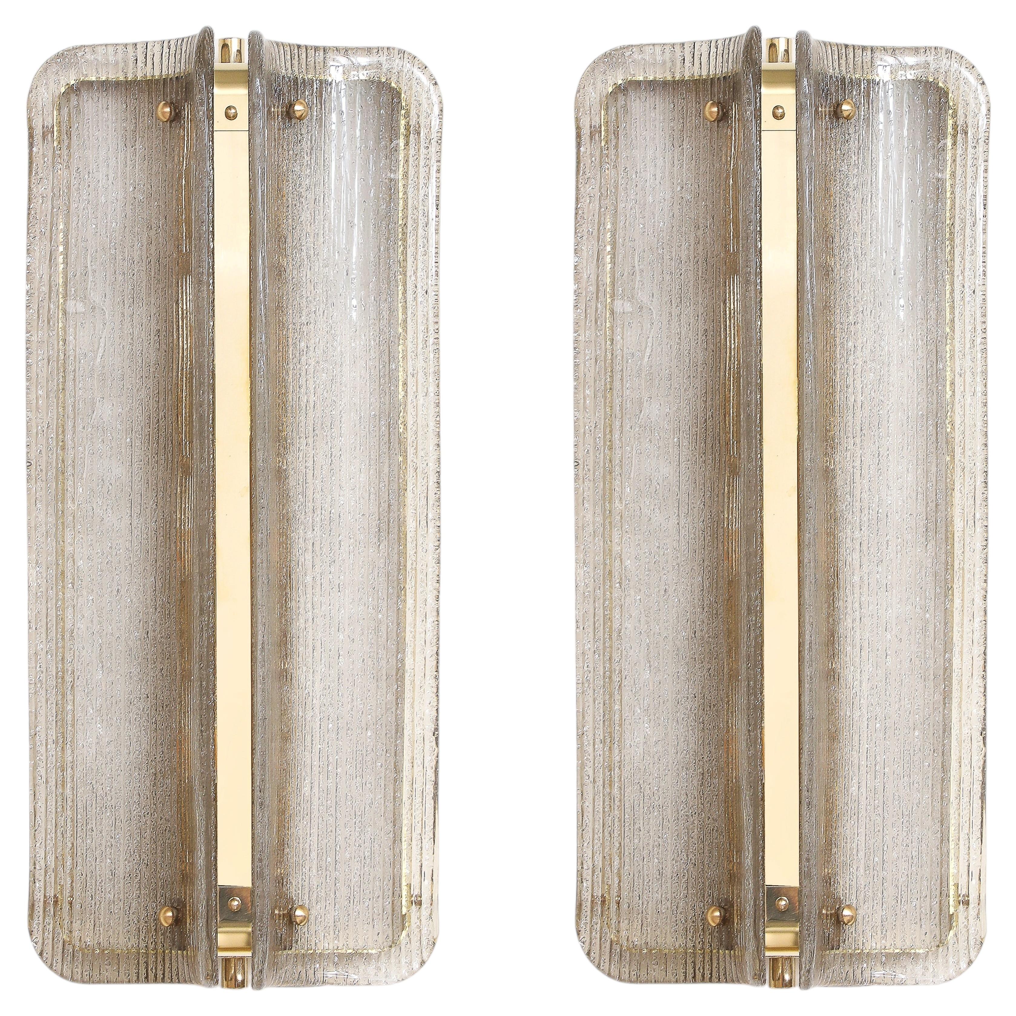 Pair of Italian Murano Glass and Brass Vertical Sconces with Clear Ribbed Glass For Sale
