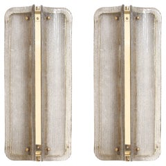 Pair of Italian Murano Glass and Brass Vertical Sconces with Clear Ribbed Glass