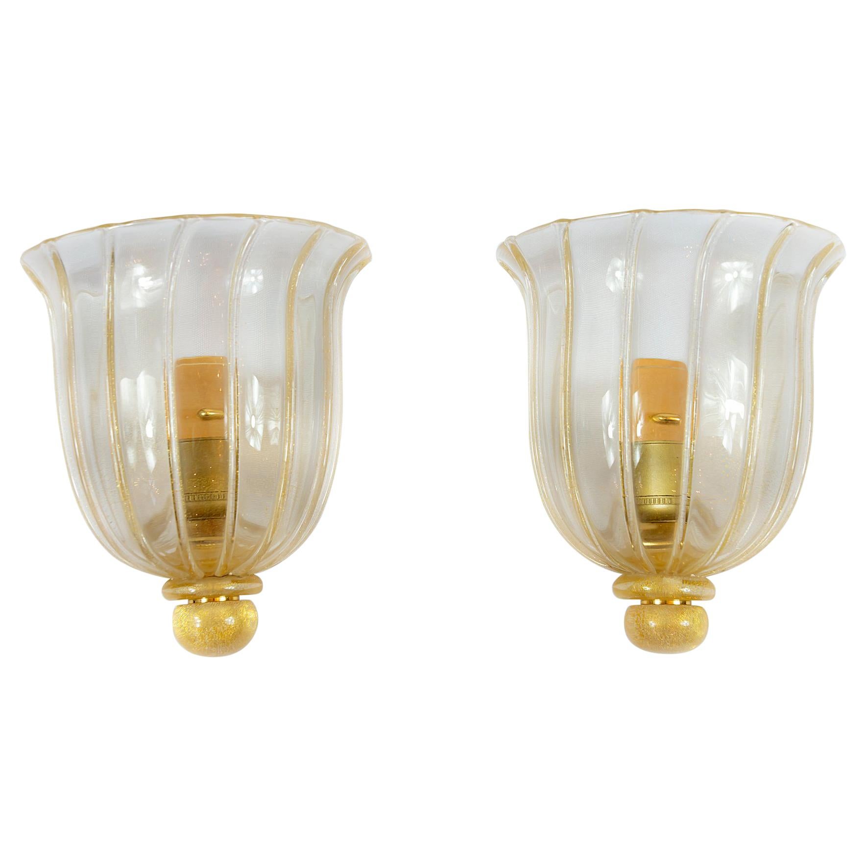 Pair of Italian Murano Glass and Brass Wall Light Sconces by Seguso, circa 1970