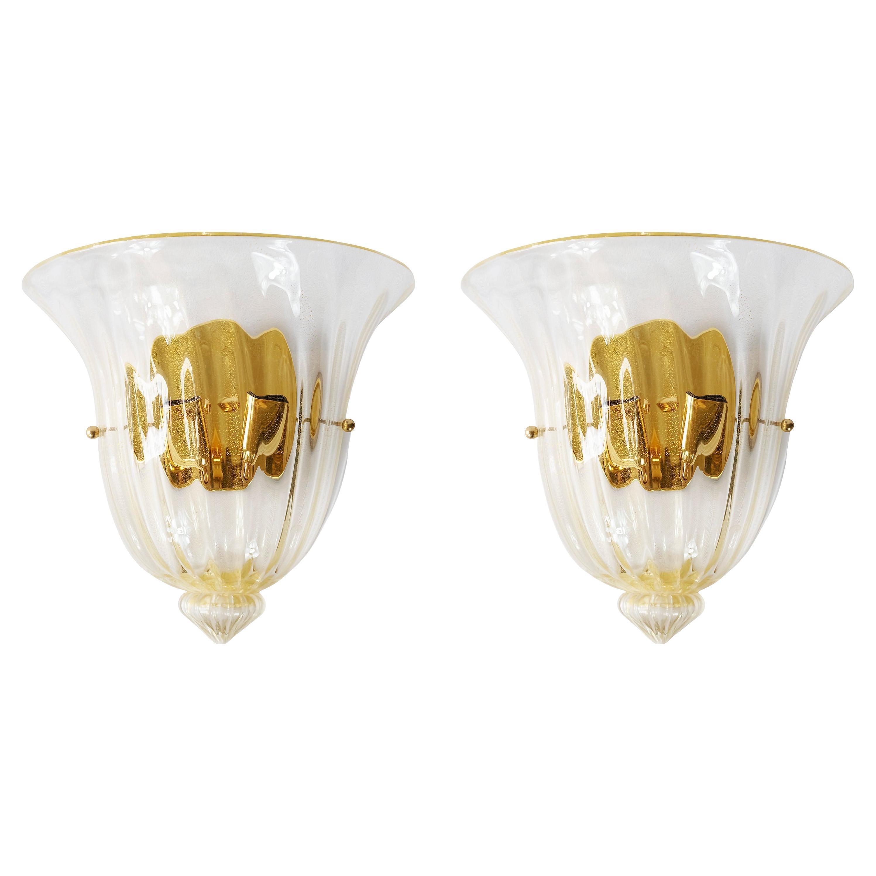 Pair of Italian Murano Glass and Brass Wall Light Sconces, circa 1970 For Sale