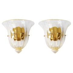 Vintage Pair of Italian Murano Glass and Brass Wall Light Sconces, circa 1970