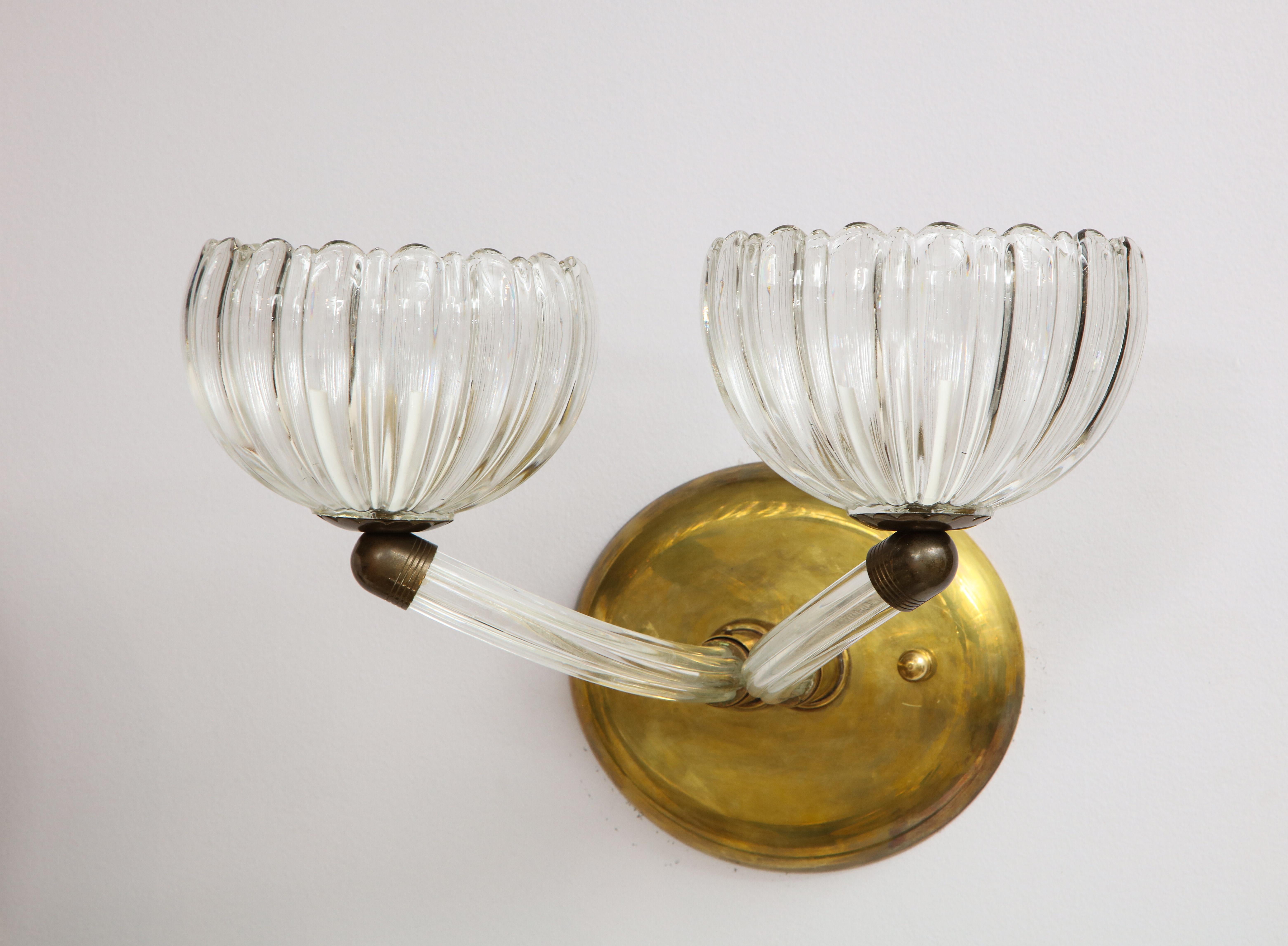 Mid-Century Modern Pair of Italian Murano Glass and Brass Wall Sconces For Sale