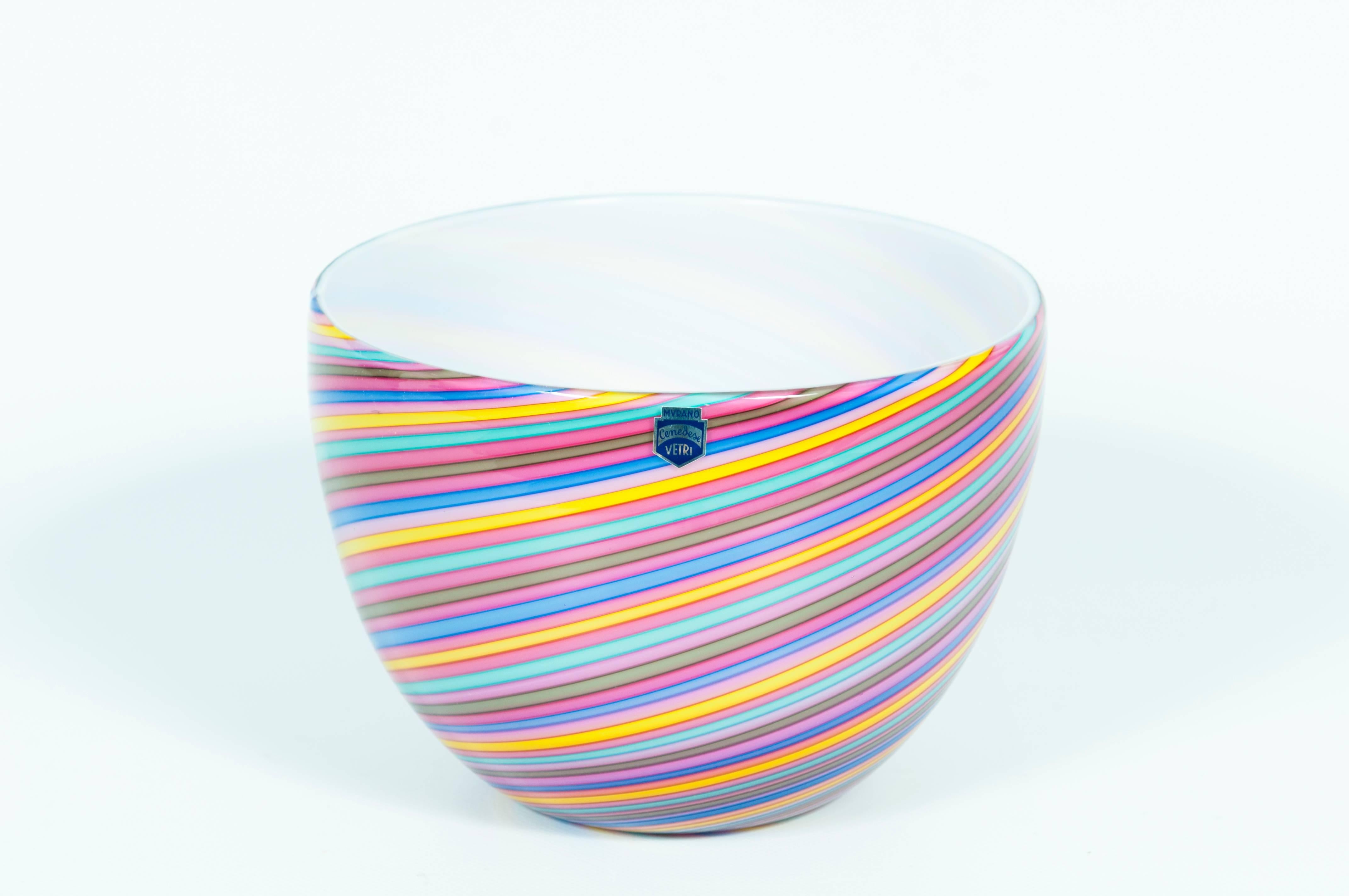 Italian Italy 1970s Cenedese a duo of rainbow bowls in Murano glass showcasing stripes For Sale