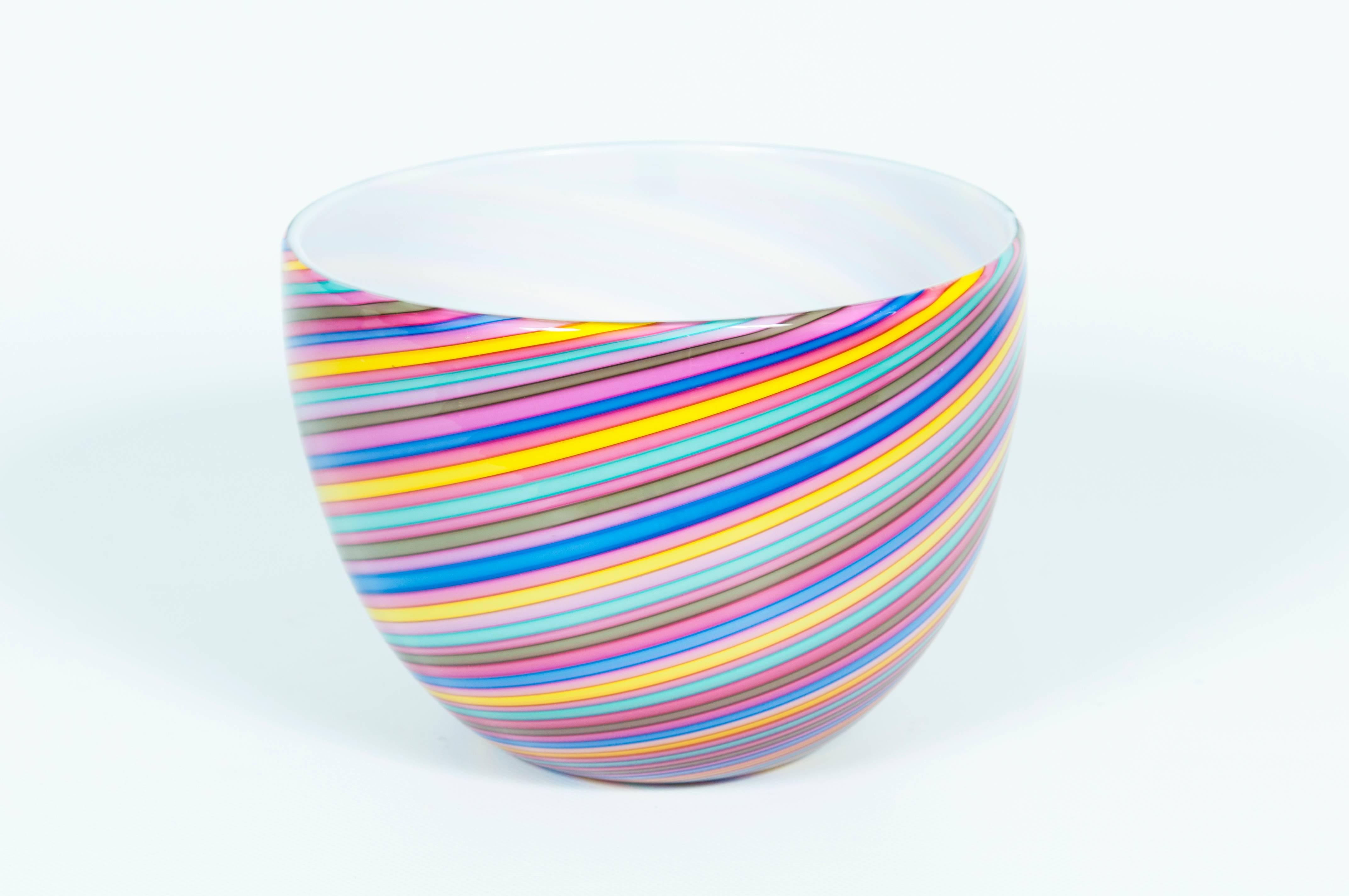 Hand-Crafted Italy 1970s Cenedese a duo of rainbow bowls in Murano glass showcasing stripes For Sale