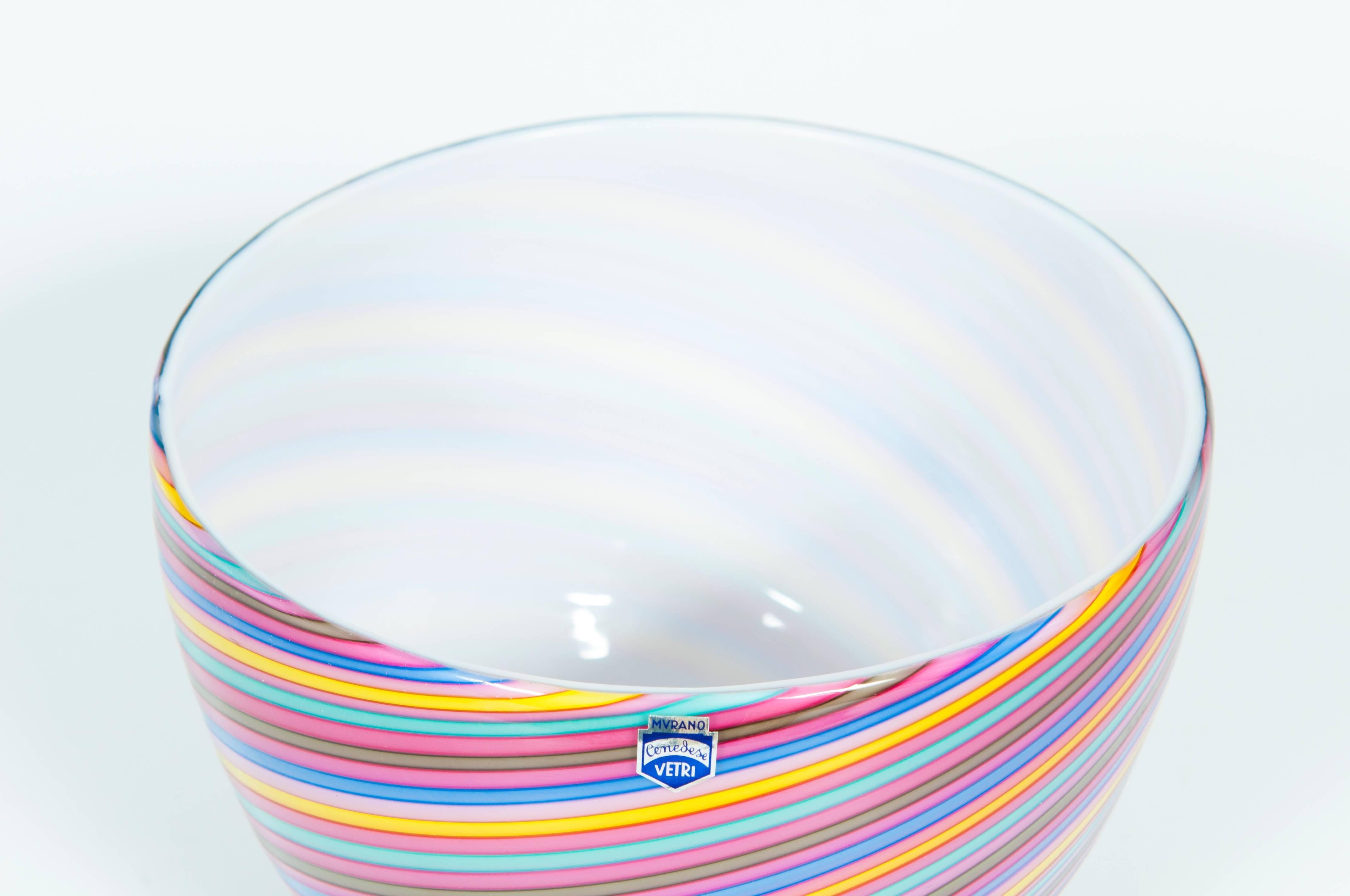 Glass Italy 1970s Cenedese a duo of rainbow bowls in Murano glass showcasing stripes For Sale