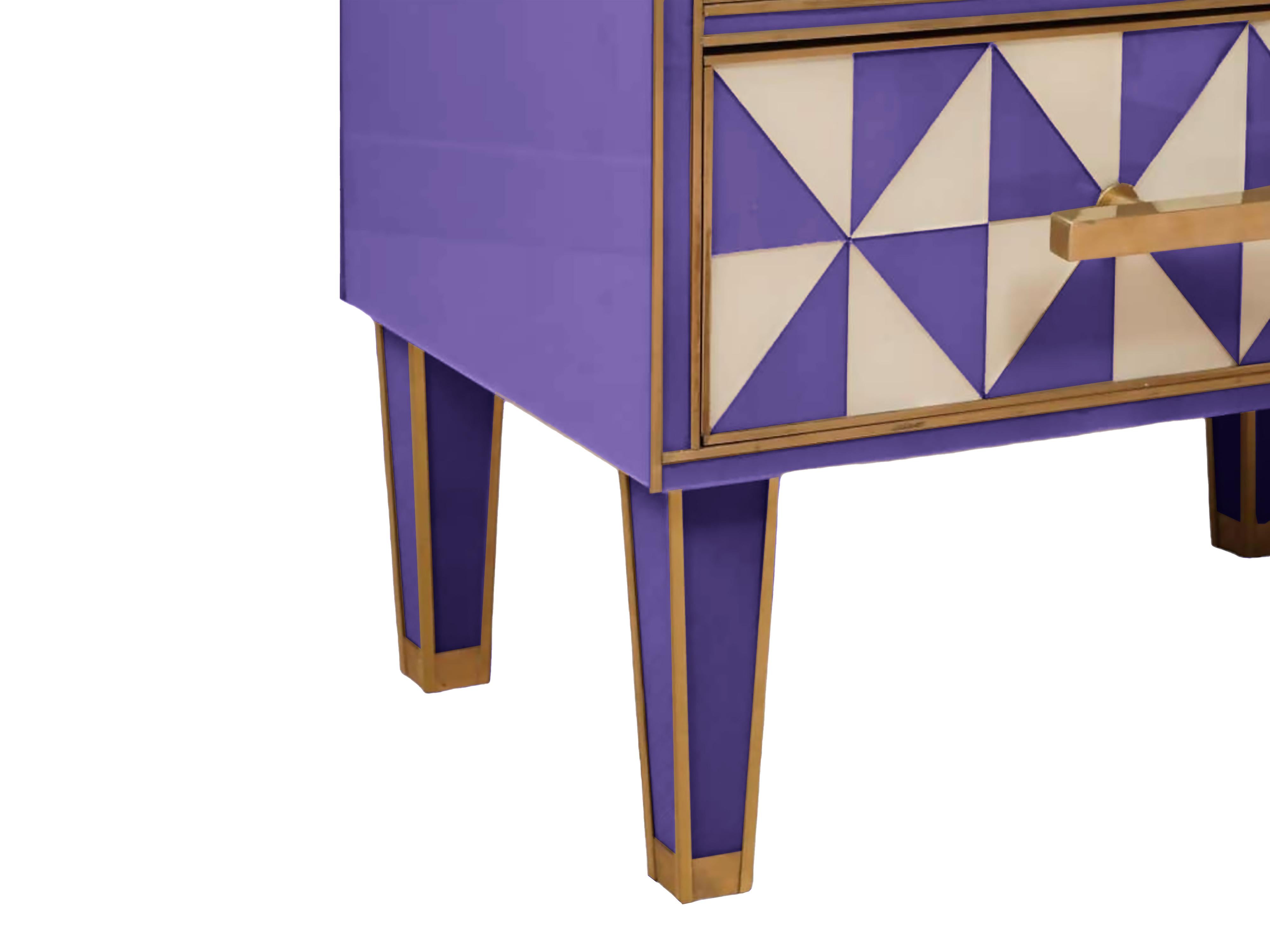 Pareja de veladores italianos de cristal de Murano y latón 'Efecto óptico' morado y blanco Moderno de mediados de siglo en venta