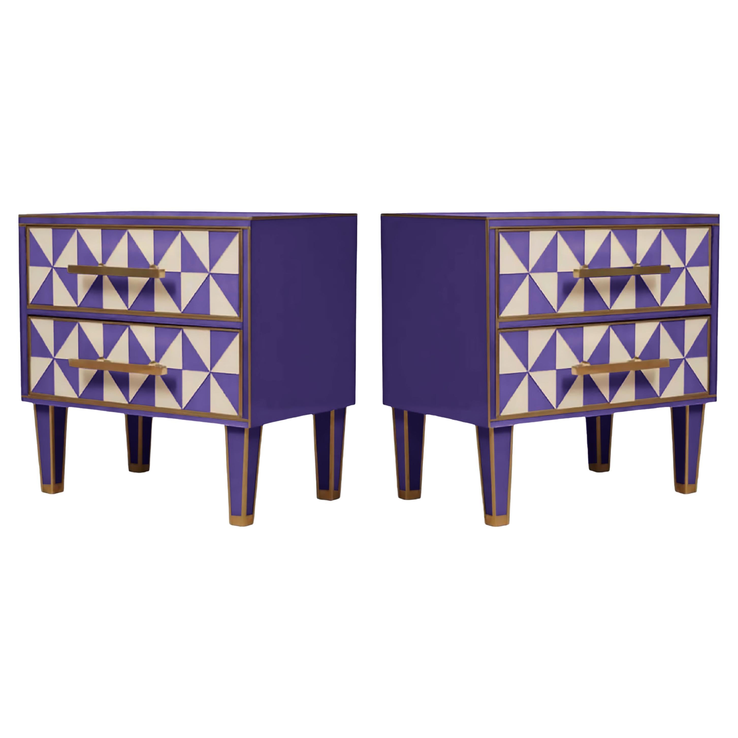 Pareja de veladores italianos de cristal de Murano y latón 'Efecto óptico' morado y blanco en venta