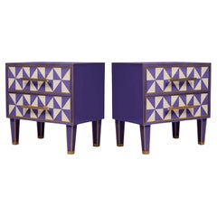 Pair of Italian Murano Glass & Brass Nightst "Optical Effect" Purple & White