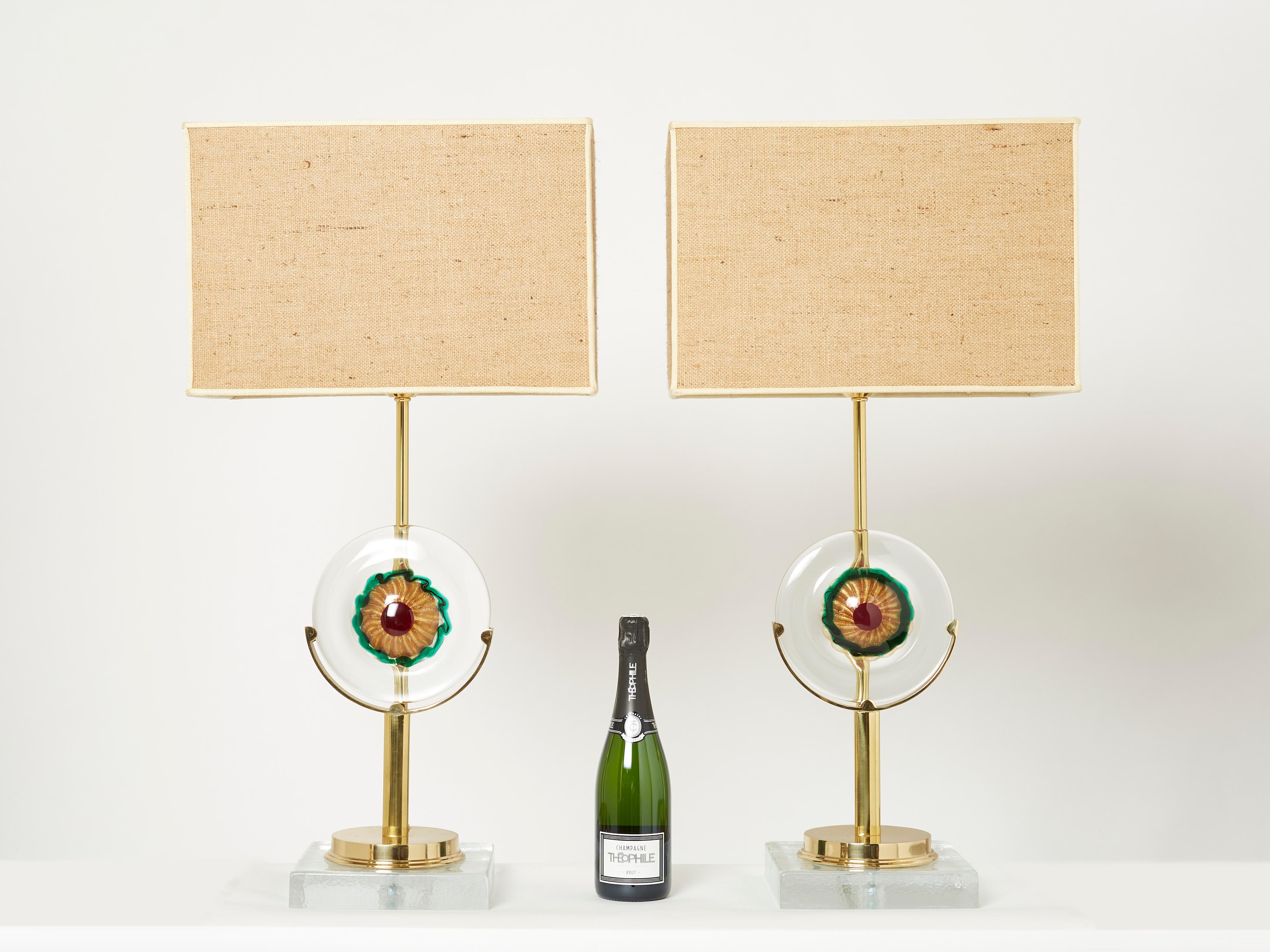 Pair of Italian Murano Glass Brass Rattan Table Lamps, 1970s For Sale 1