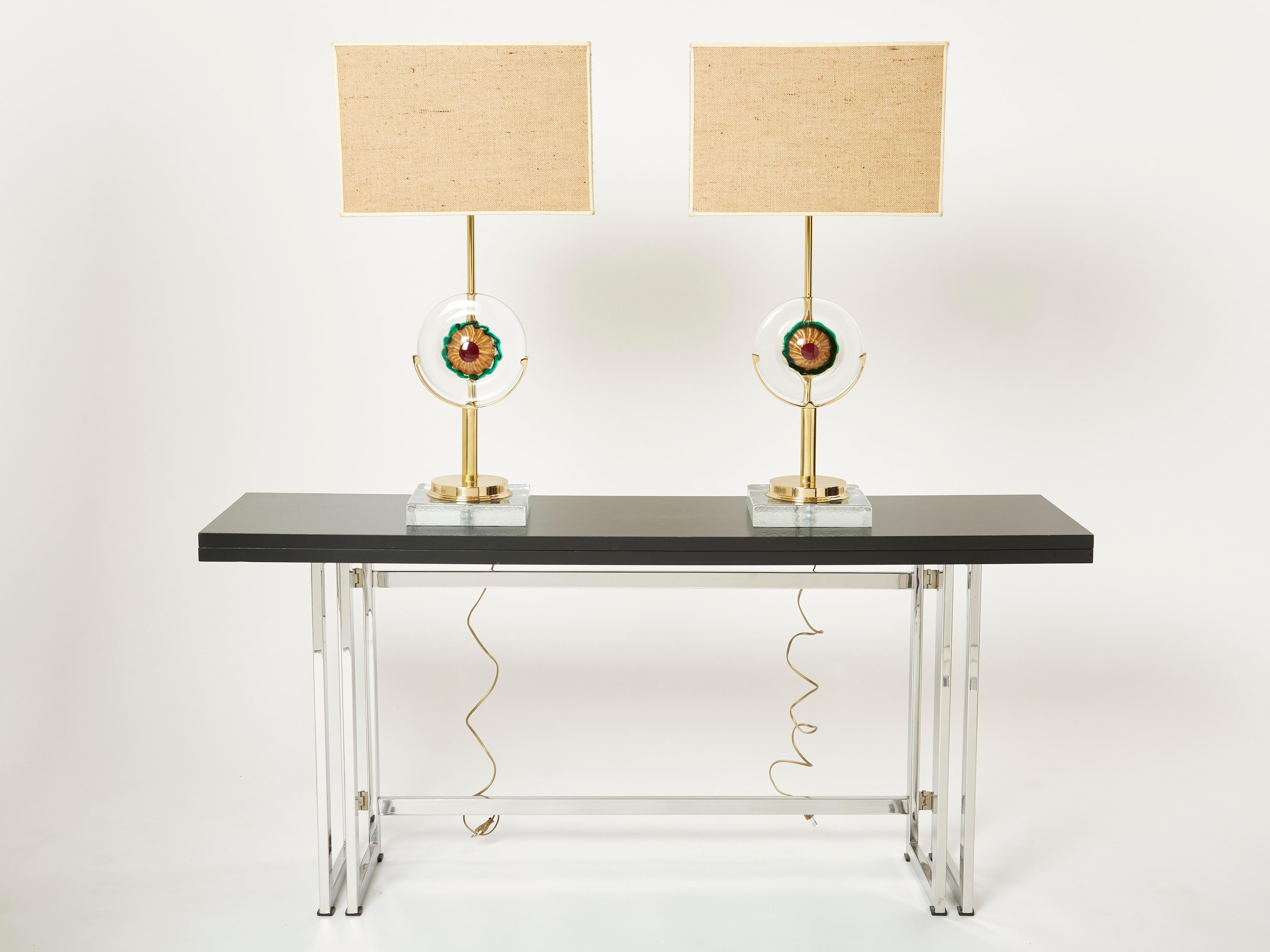 Paar italienische Rattan-Tischlampen aus Muranoglas und Messing, 1970er Jahre im Angebot 3