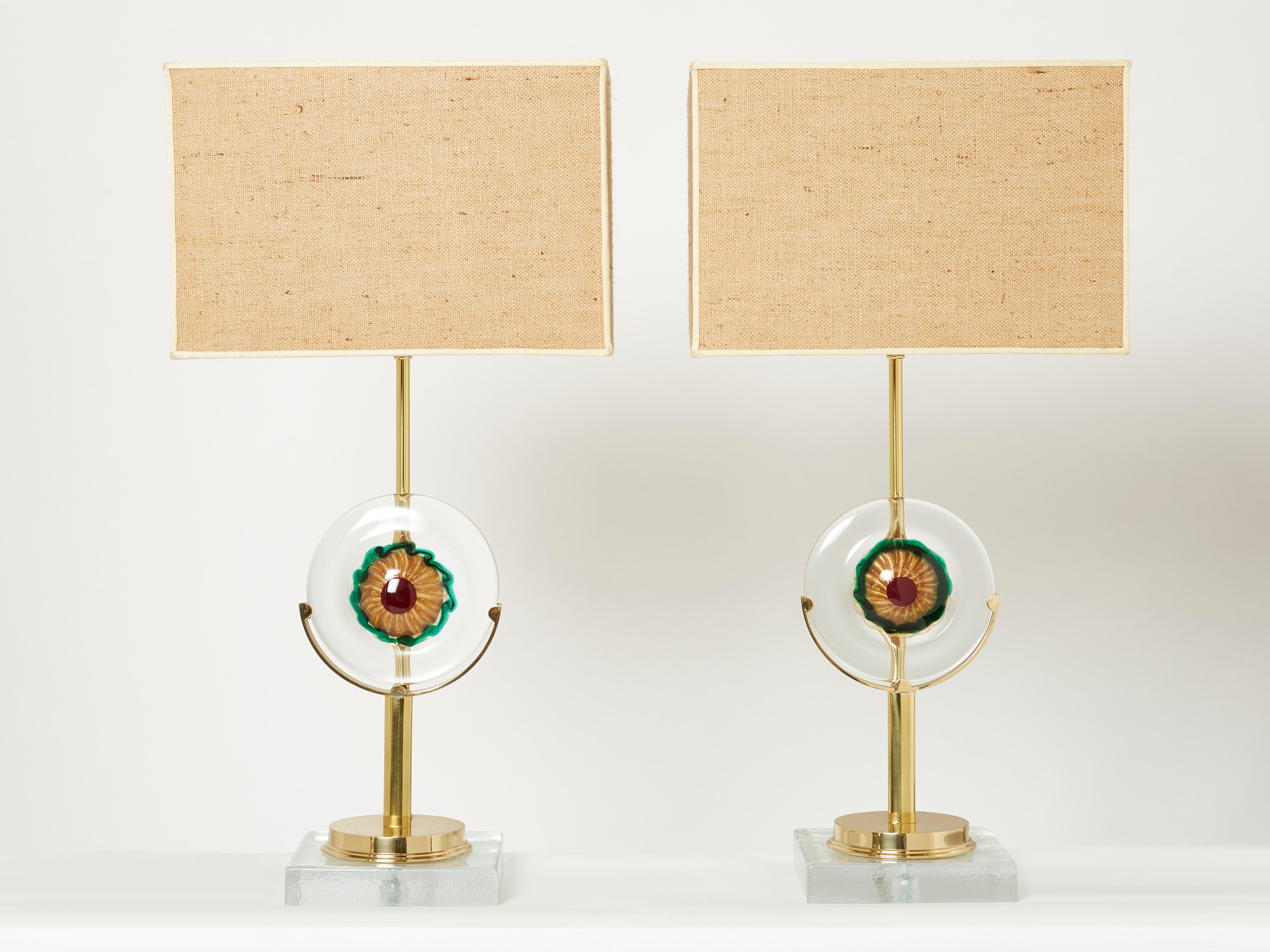 Pair of Italian Murano Glass Brass Rattan Table Lamps, 1970s For Sale