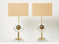 Pair of Italian Murano Glass Brass Rattan Table Lamps, 1970s