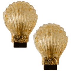 Pair of Italian Murano Glass Brass Sea Shell Sconces, Italy, 1960