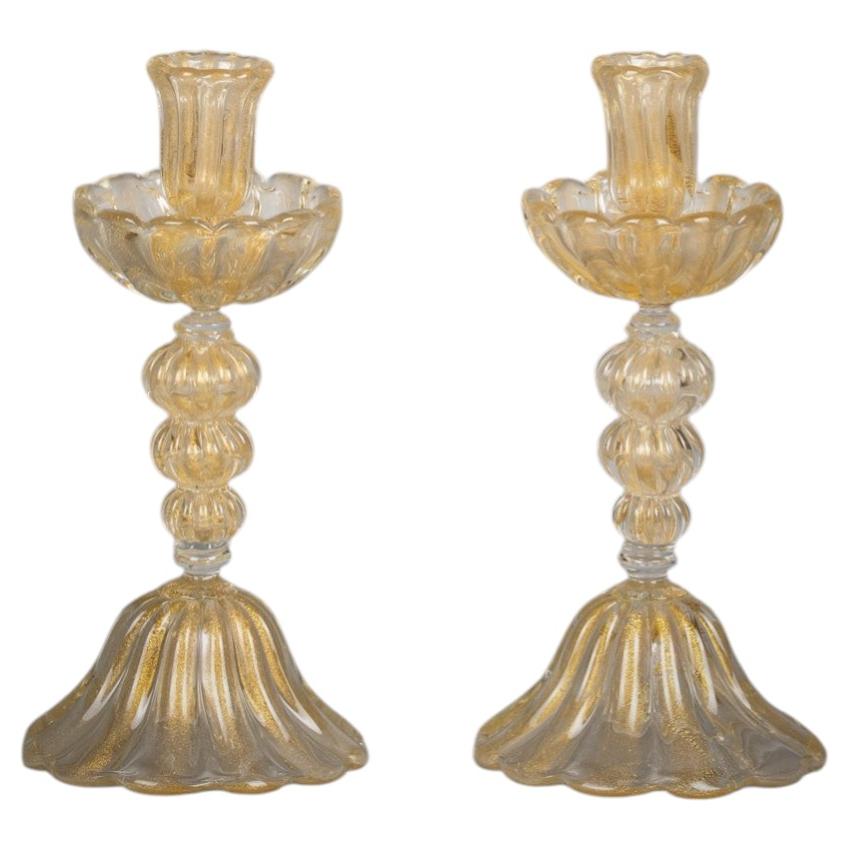 Pair of Italian Murano Glass Candlesticks, circa 1900 For Sale