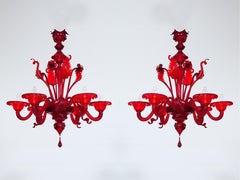 Pair of Italian Murano Glass Chandeliers, Venetian Style, Red, 1990s