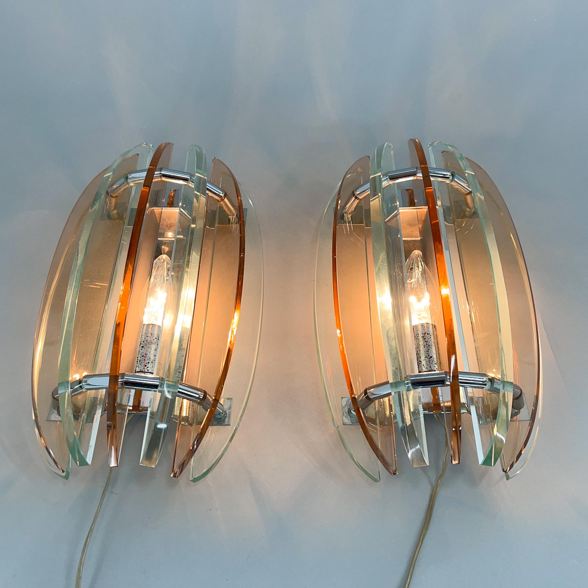 Pair of Italian Murano Glass & Chrome Sconces by Veca, Marked For Sale 5