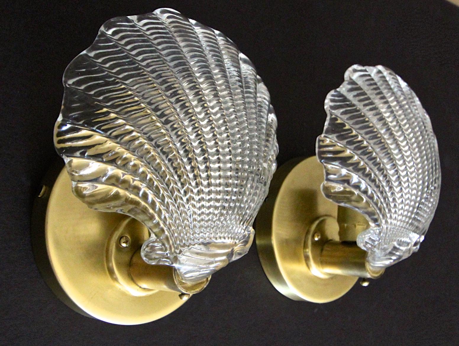 Brass Pair of Italian Murano Glass Clam Shell Shaped Wall Sconces