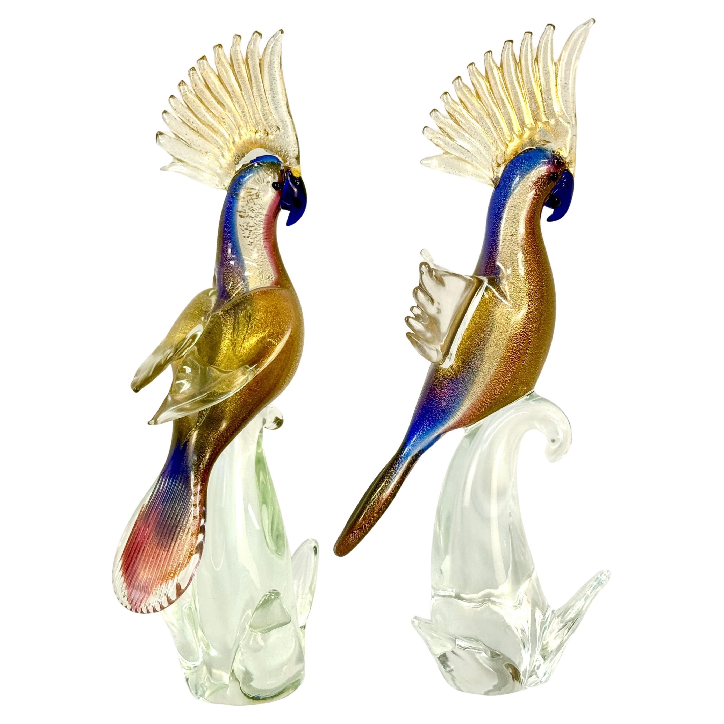 Mid-Century Modern Paire de sculptures de cockatiel en verre italien de Murano en vente