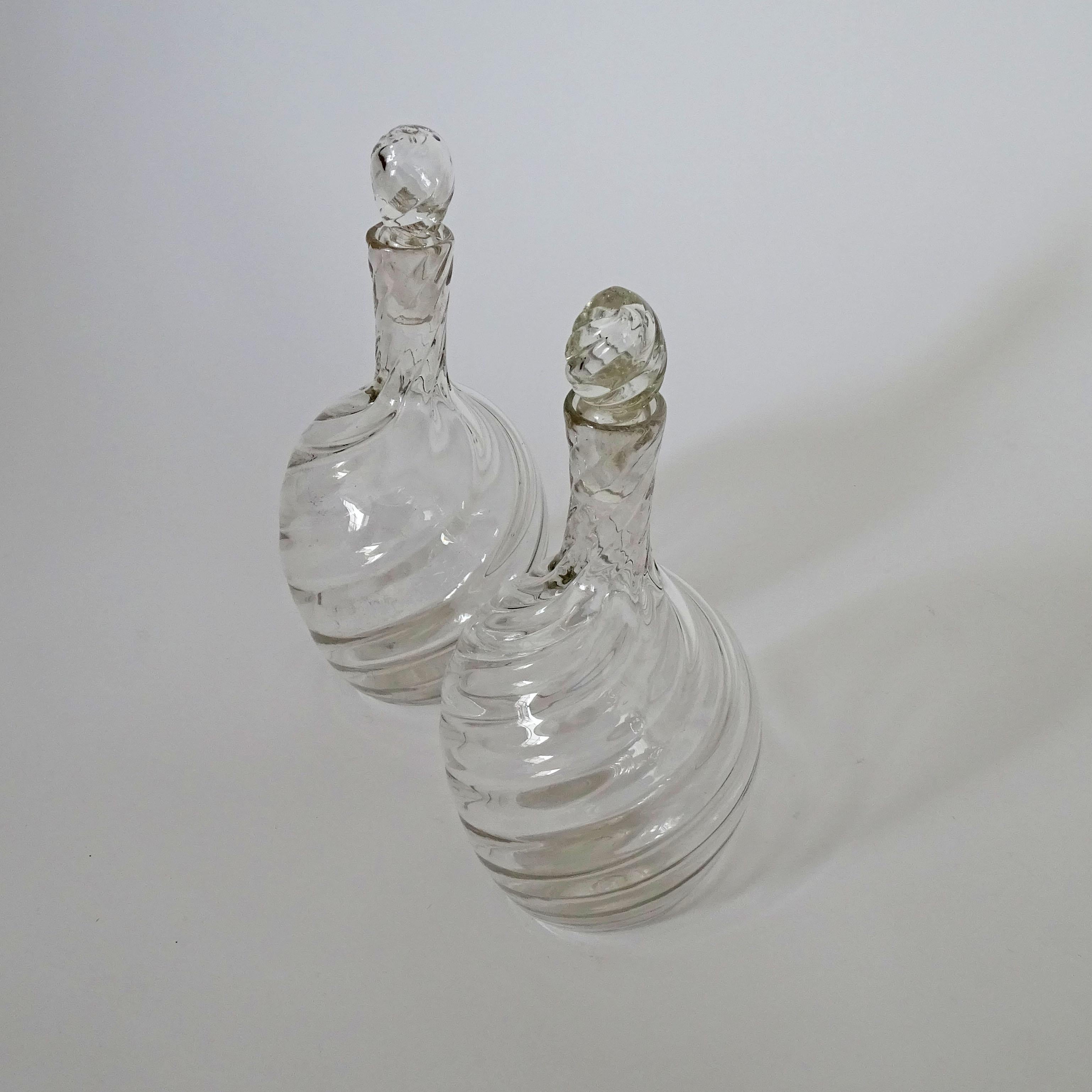 Mid-Century Modern Pair of Italian Murano Glass Decanters in Swirling Glass and Six Glasses For Sale