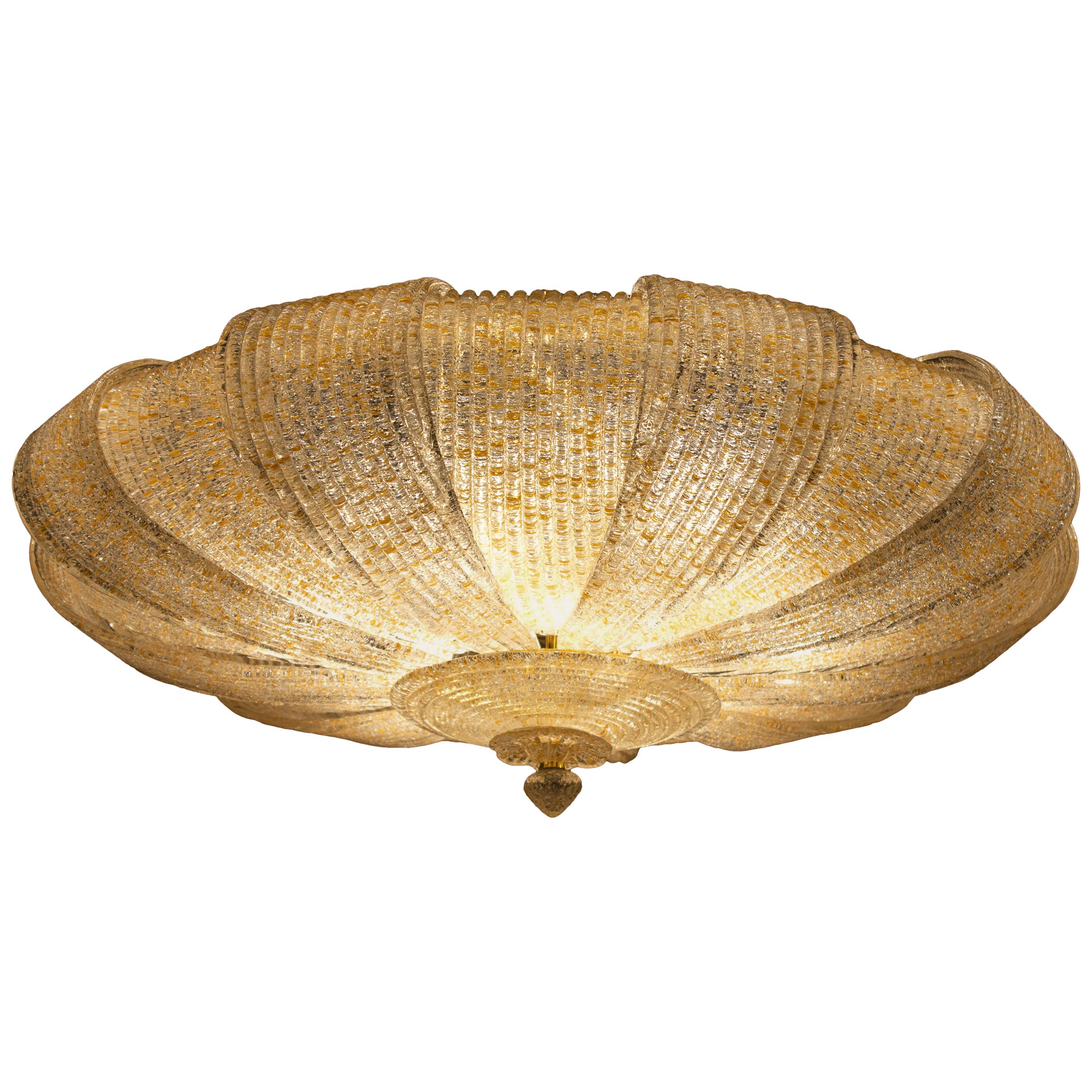 Art Glass Pair of Italian Murano Glass Gold Leaves Modern Flush Mount or Ceiling Light For Sale
