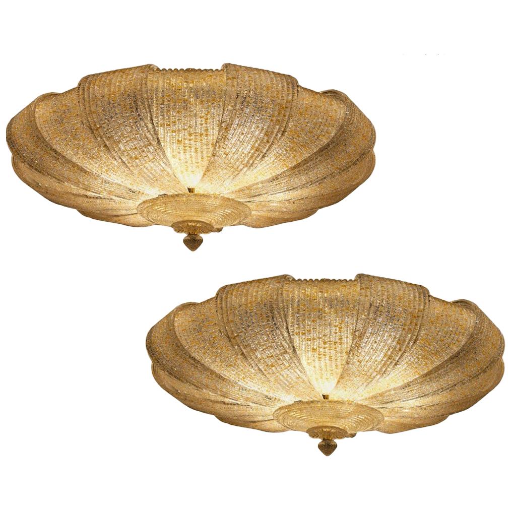 Paire d'appliques ou de plafonniers modernes en verre de Murano avec feuilles d'or
