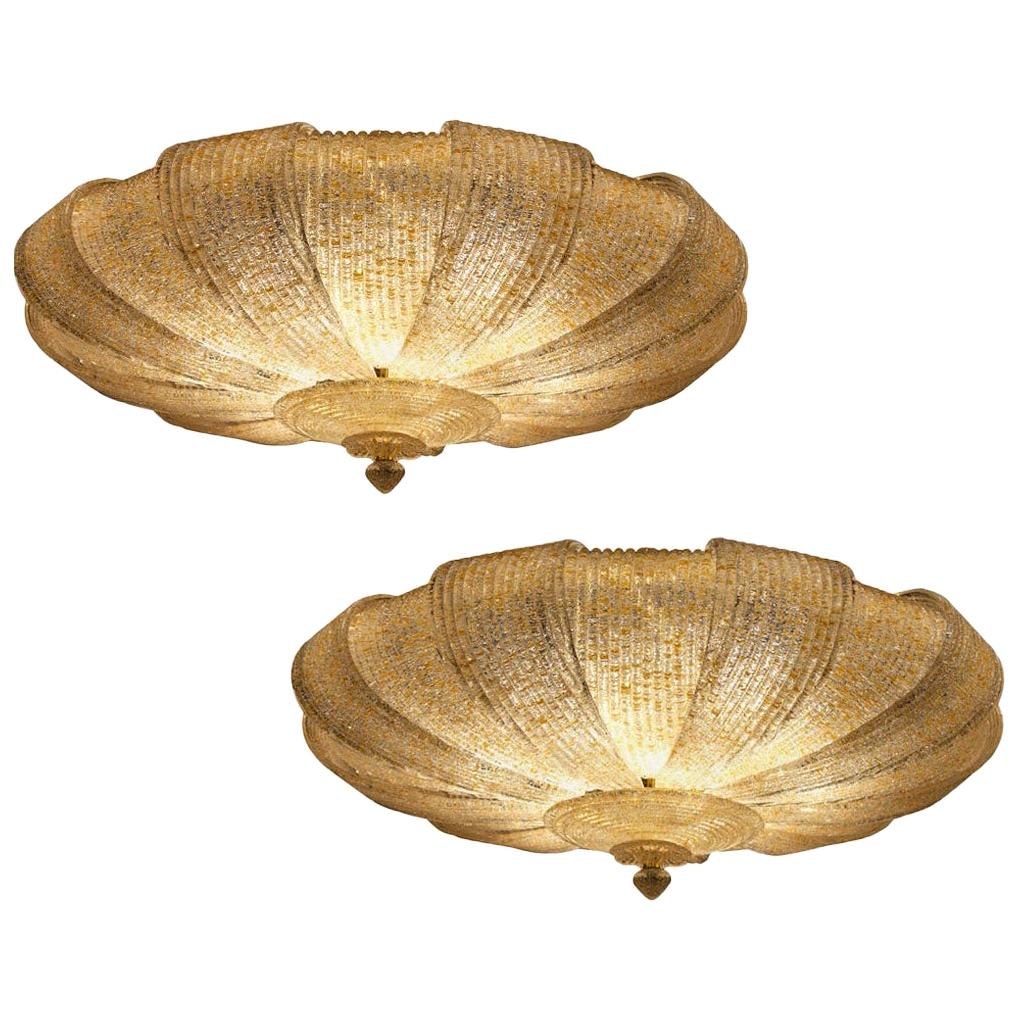 Pair of Italian Murano Glass Gold Leaves Modern Flush Mount or Ceiling Light