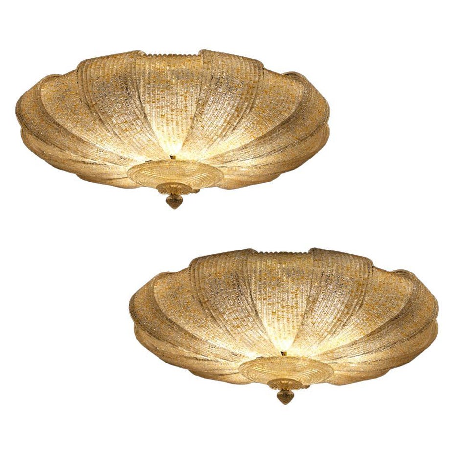 Pair of Italian Murano Glass Gold Leaves Modern Flush Mount or Ceiling Light For Sale