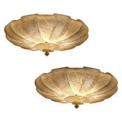 Pair of Italian Murano Glass Gold Leaves Modern Flush Mount or Ceiling Light