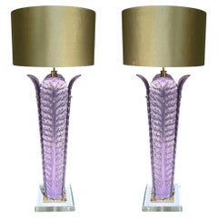 Pair of Italian Murano Glass Lamps with Lilac Leaf Form, 21th Century