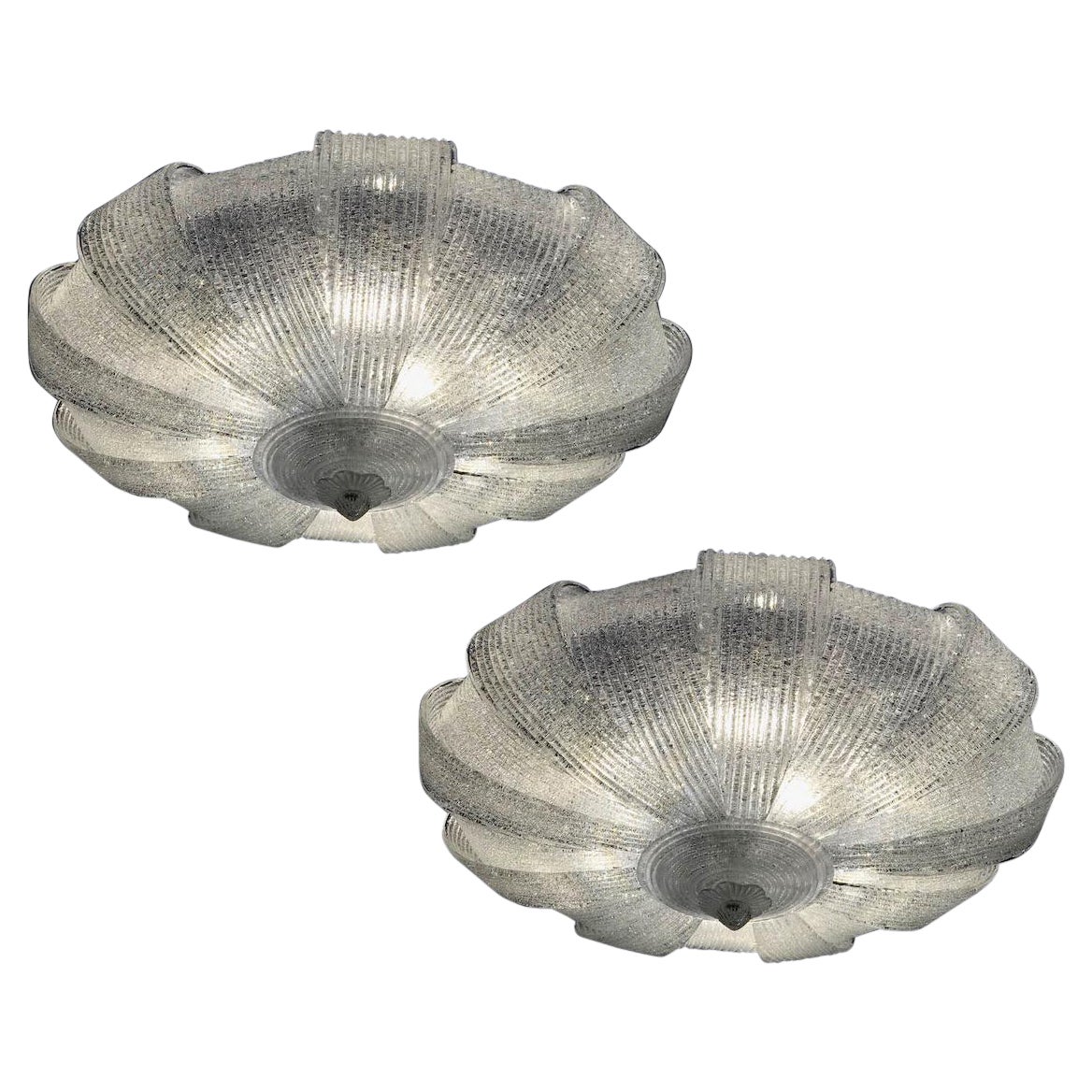 Pair of Italian Murano Glass Leaves Modern Flush Mount or Ceiling Light For Sale