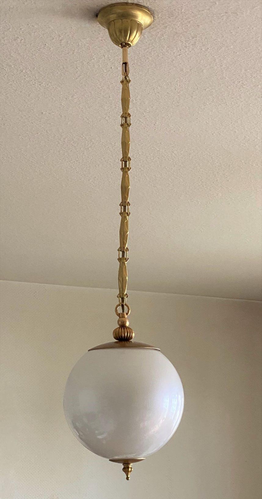 Mid-Century Modern Pair of Italian Murano Glass Pendants in Pearl Optic Brass Mounted, 1960s