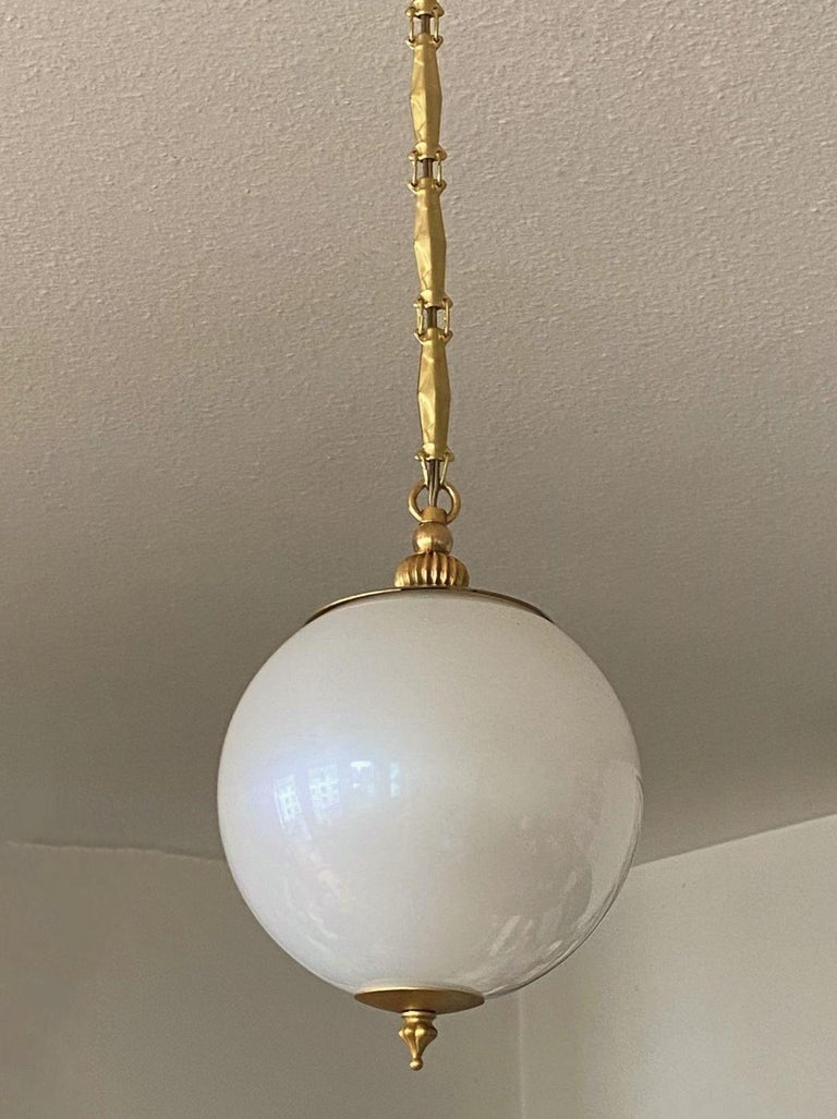 Pair of Italian Murano Glass Pendants in Pearl Optic Brass Mounted