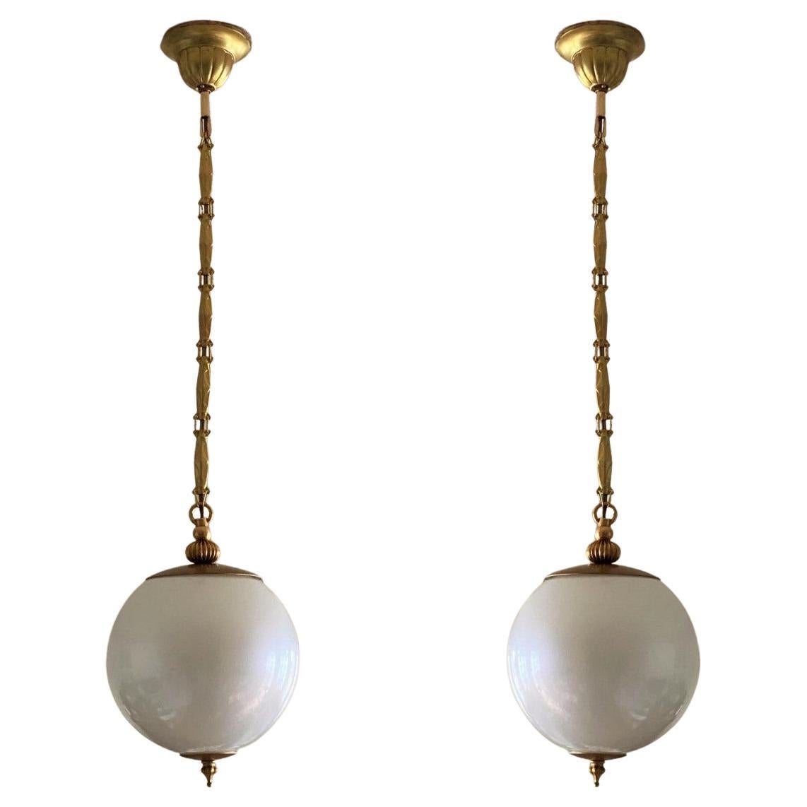 Pair of Italian Murano Glass Pendants in Pearl Optic Brass Mounted, 1960s