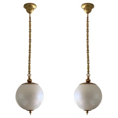 Pair of Italian Murano Glass Pendants in Pearl Optic Brass Mounted, 1960s