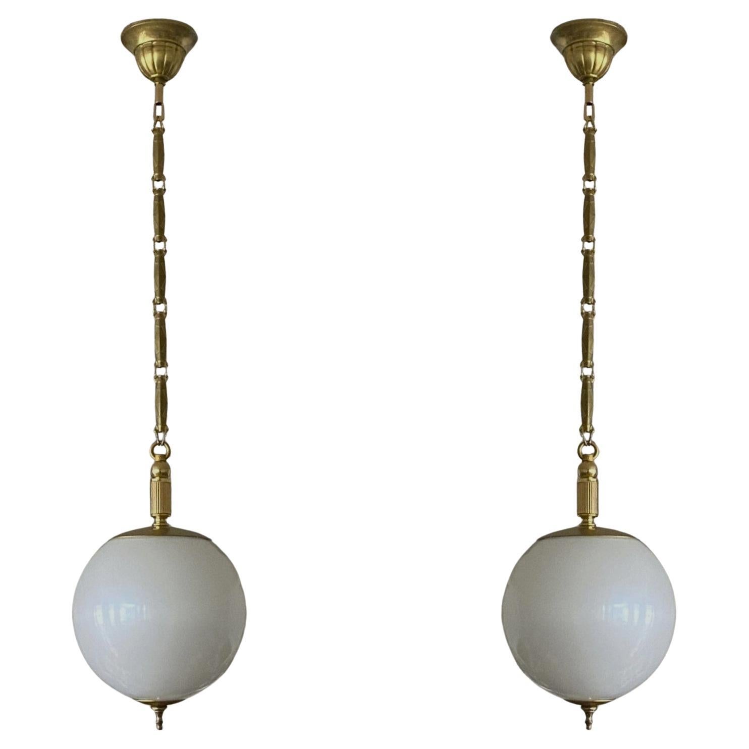 Pair of Italian Murano Glass Pendants in Pearl Optic Brass Mounted, 1960s