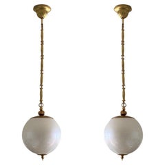Pair of Italian Murano Glass Pendants in Pearl Optic Brass Mounted, 1960s