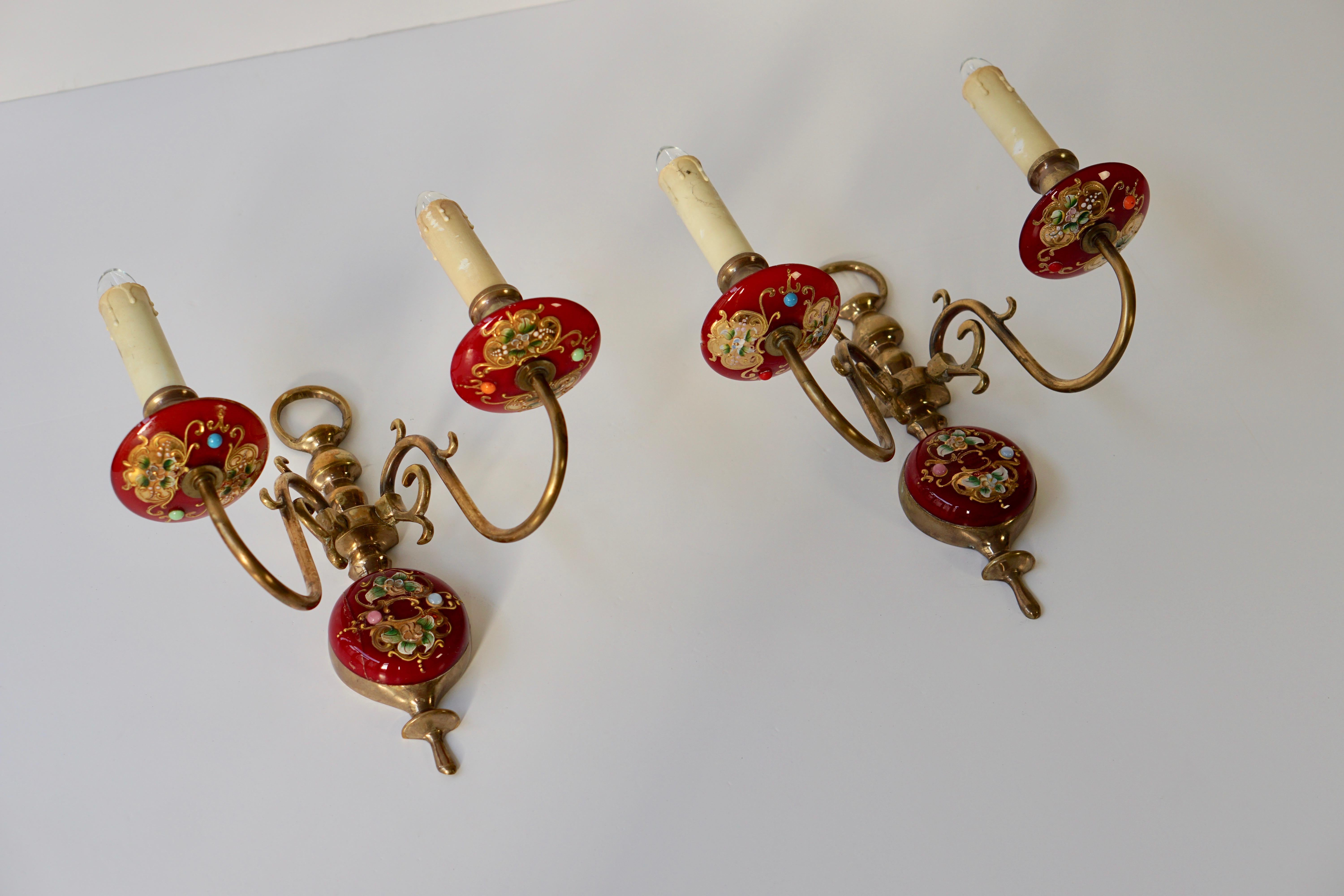 Brass Pair of Italian Murano Glass Sconces For Sale