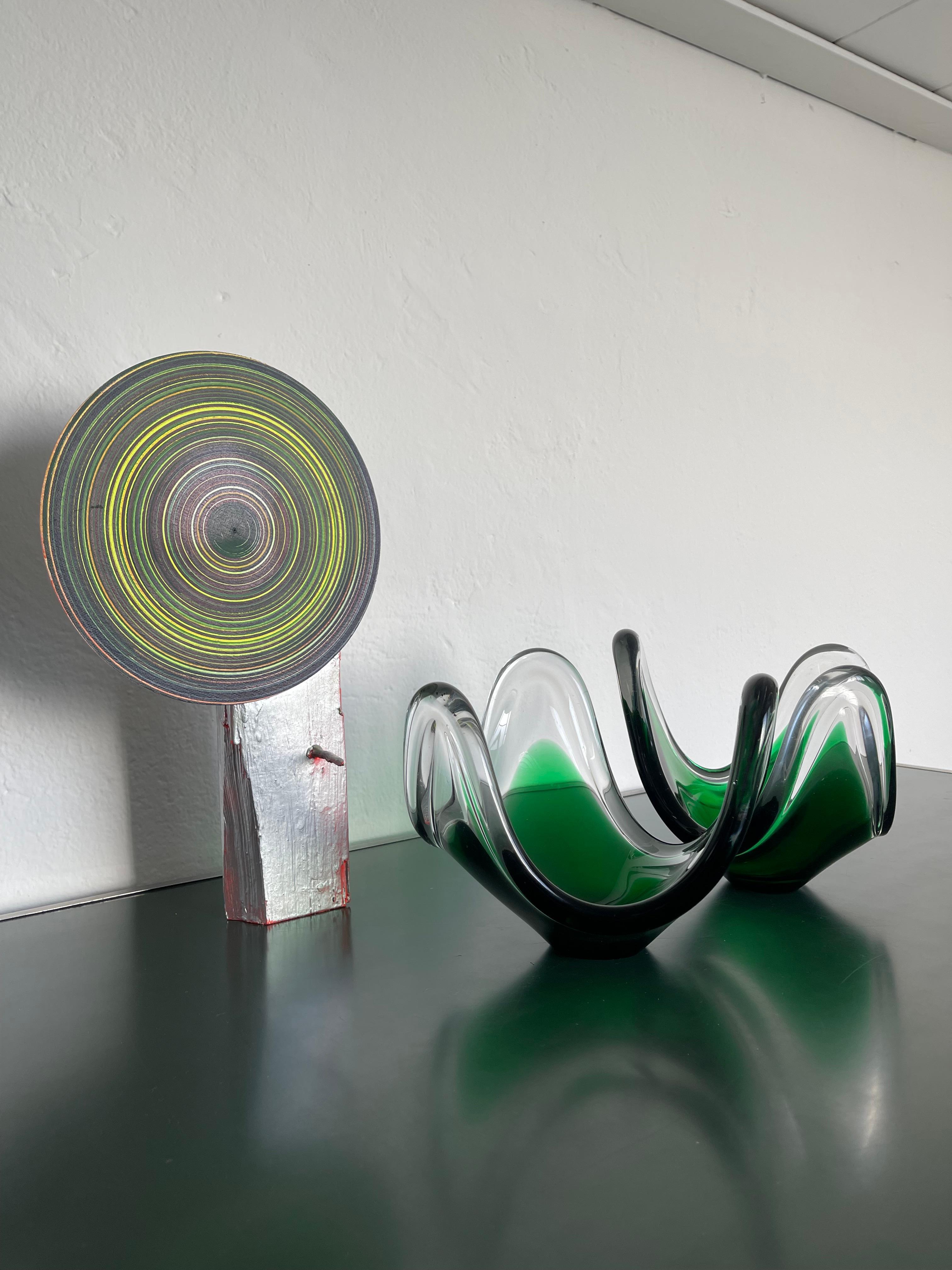 Coppia di sculture italiane in vetro di Murano, centrotavola in vetro verde e trasparente in vendita 1