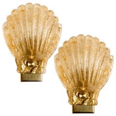 Pair of Italian Murano Glass Sea Shell Sconces, Italy, 1960