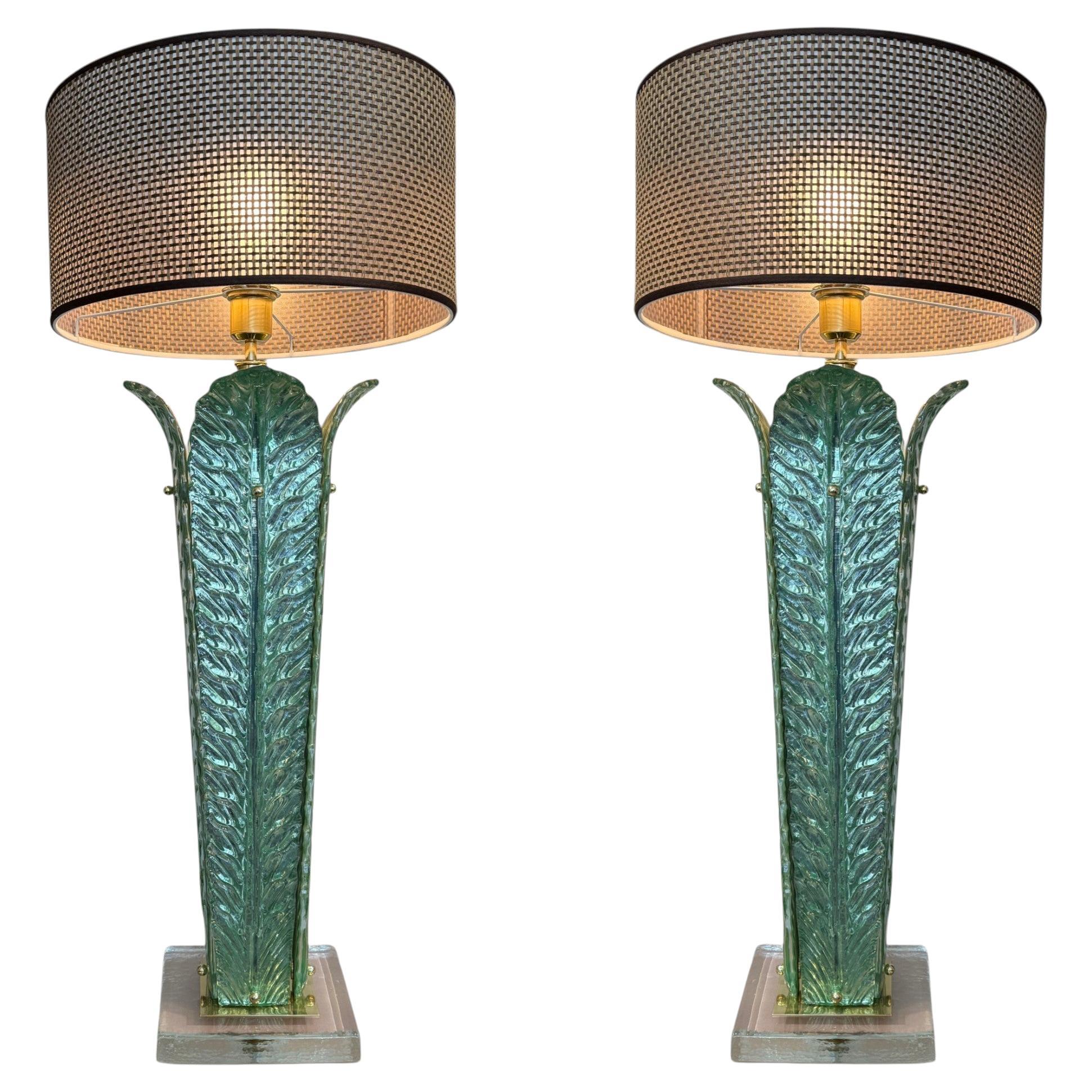 Pair of Italian Murano Glass Table Lamps in Sculptural Leaf Form, 21th Century For Sale