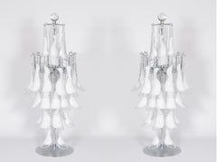 Pair of Italian Murano Glass Table Lamps, white and chrome, 1980s