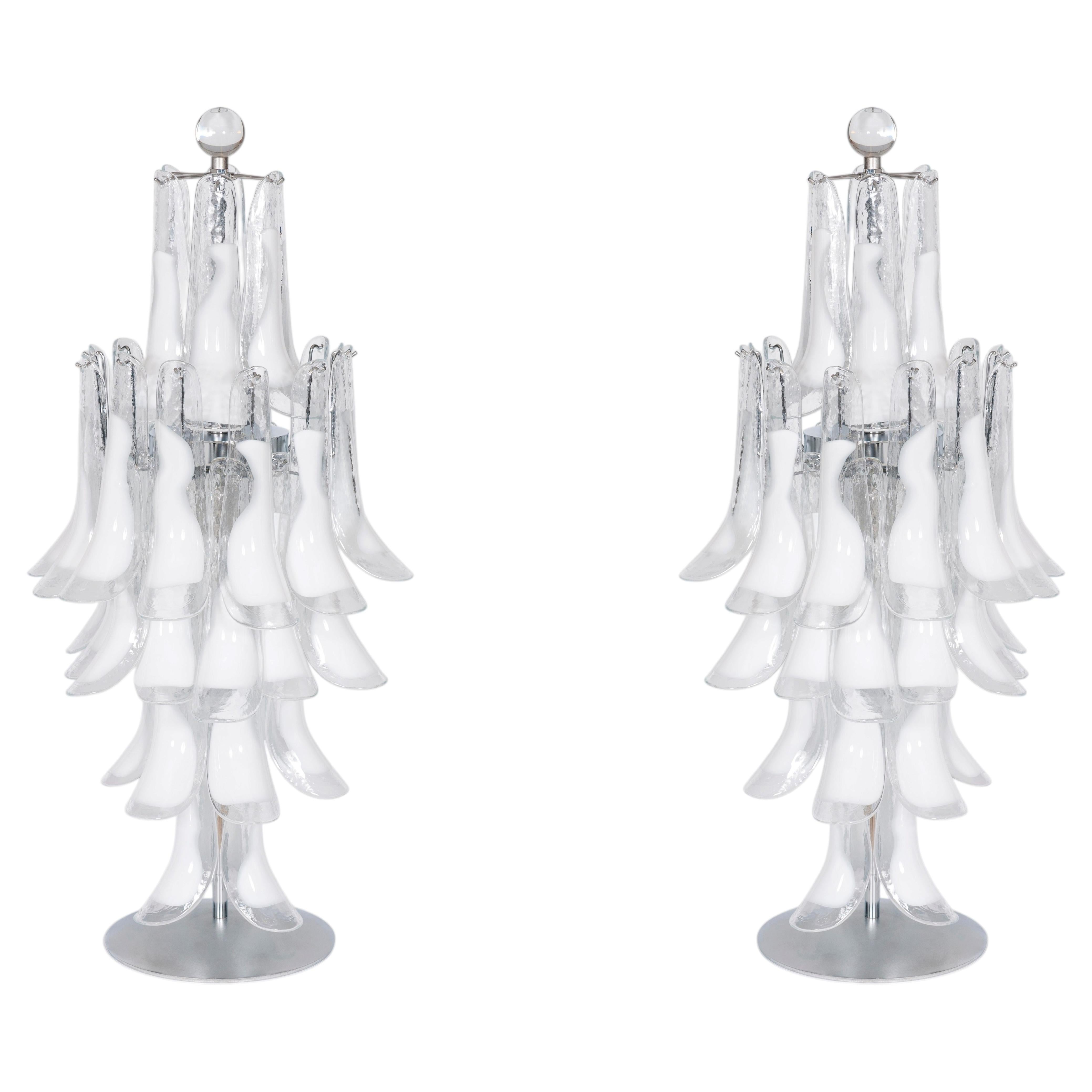 Pair of Italian Murano Glass Table Lamps, white and chrome, 1980s